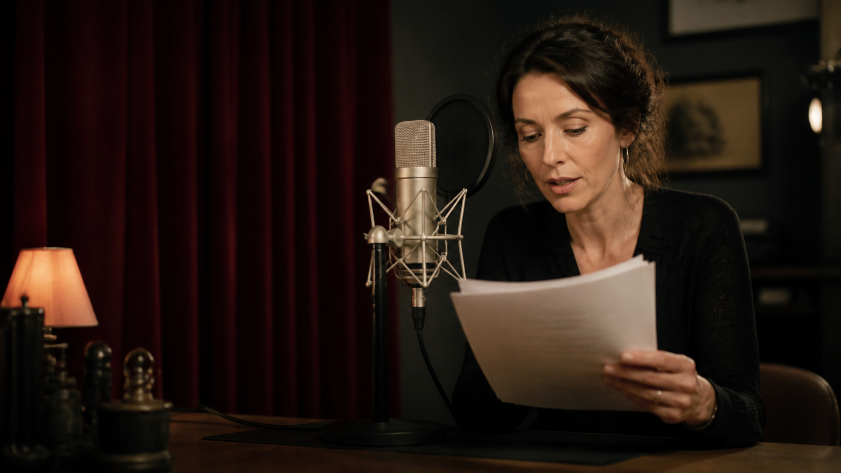 Narratrice lisant un manuscrit au studio Prélude Voix